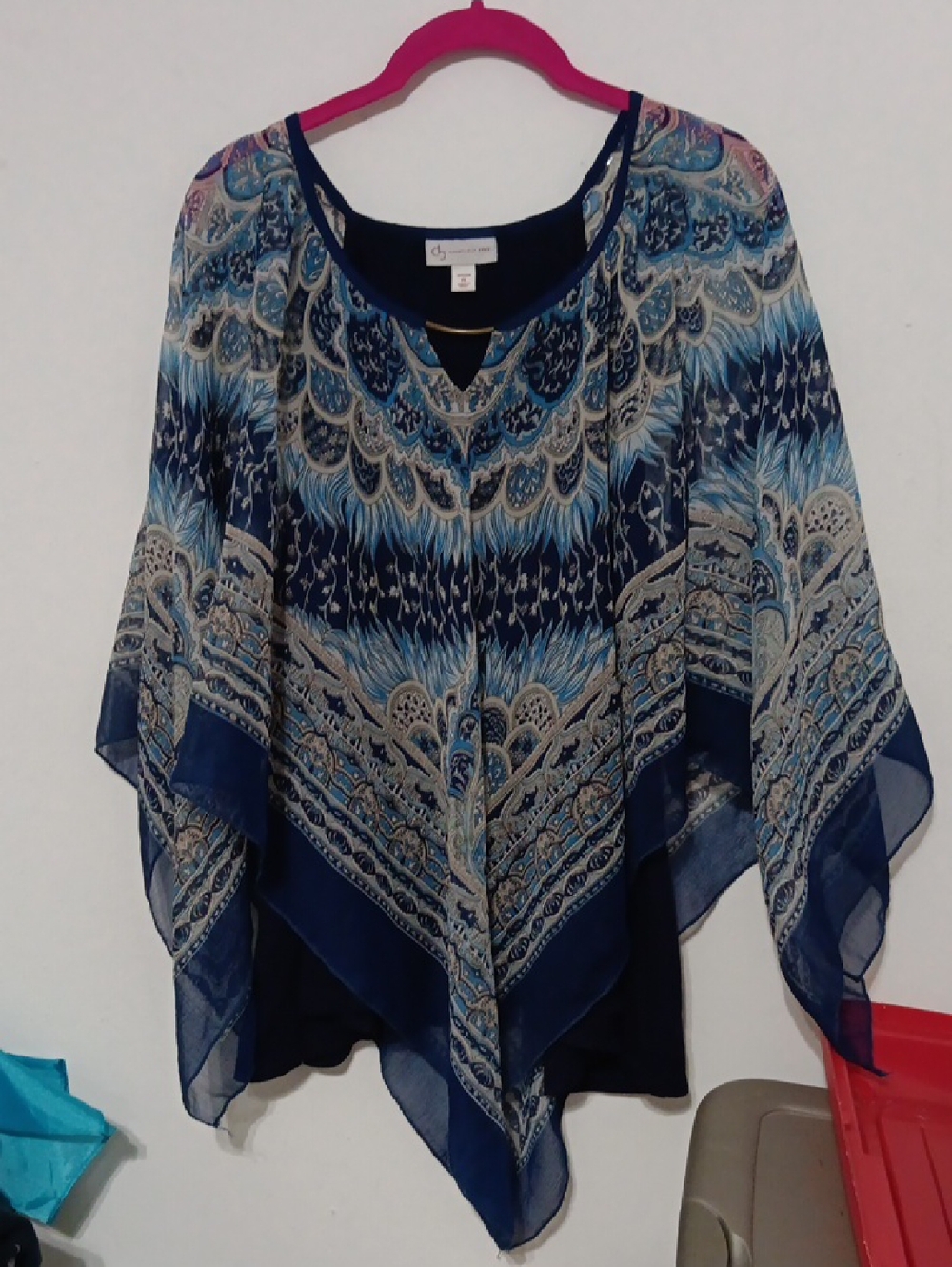 Flowy Navy Blue Printed Poncho Tunic with Scarf-Inspired Pattern
